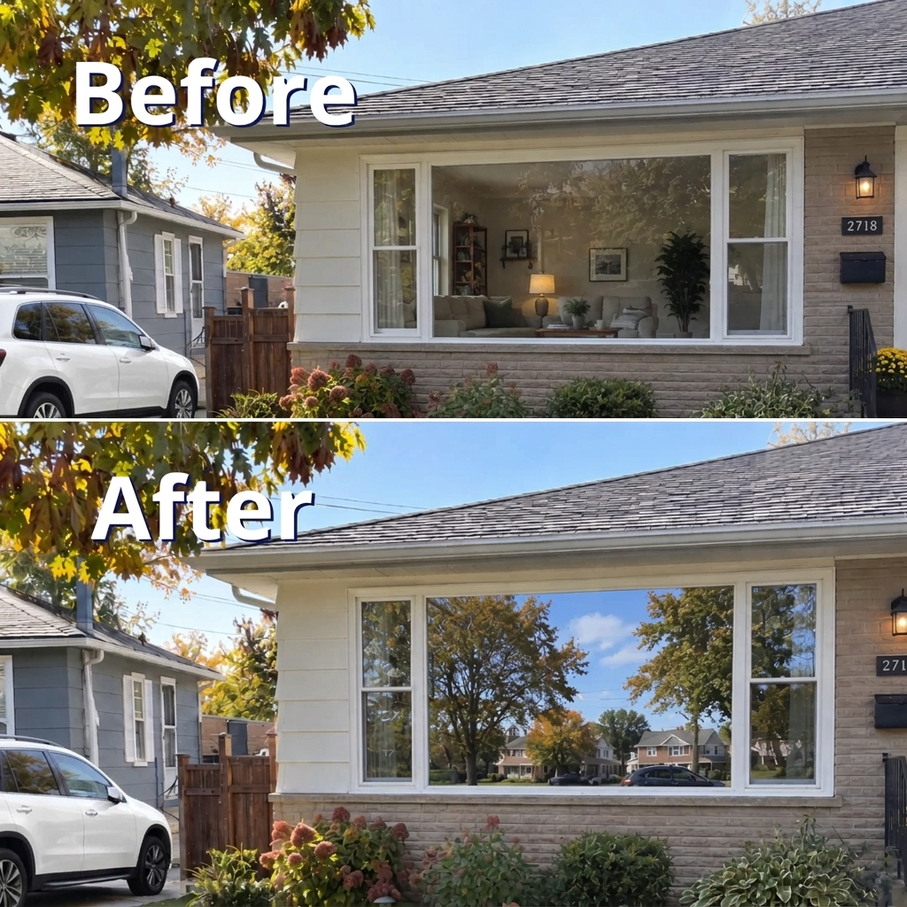 Before and after view of reflective privacy film on a window