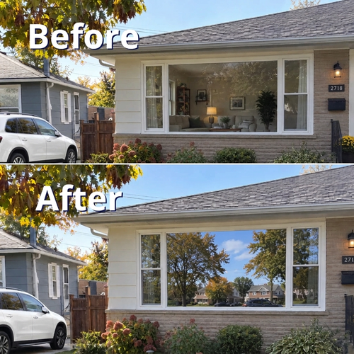 Before and after view of reflective privacy film on a window