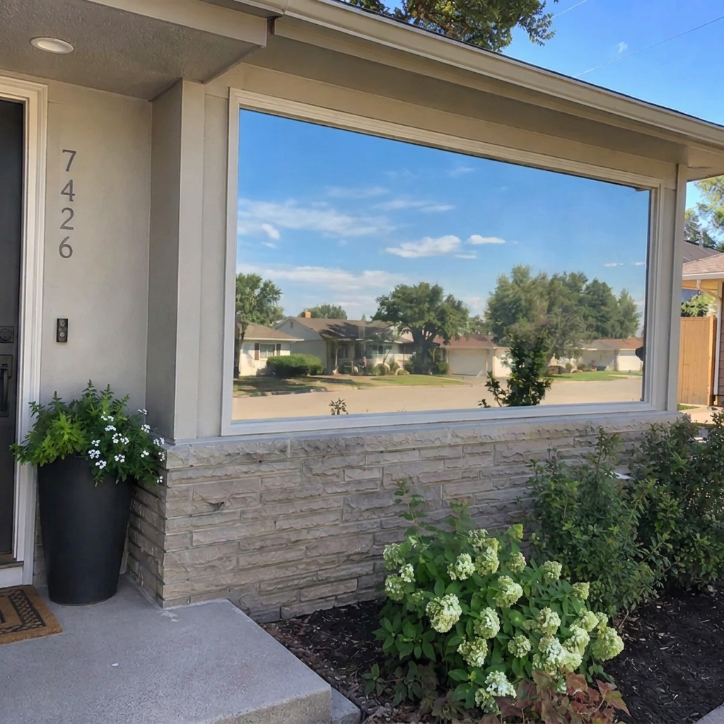 Reflective privacy film viewed from outside a home