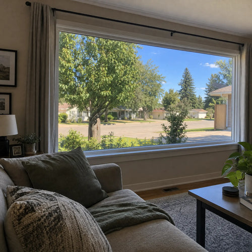 Clear daytime view from inside a living room